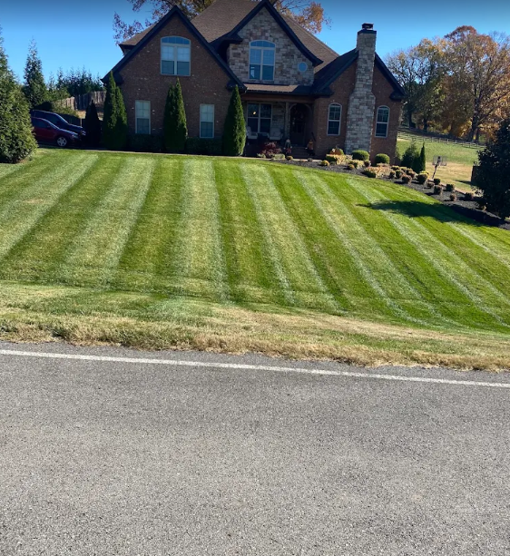 Large striped front lawn on a brick estate home