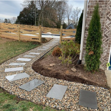 Paver stepping stone walkway with river rock and new beds